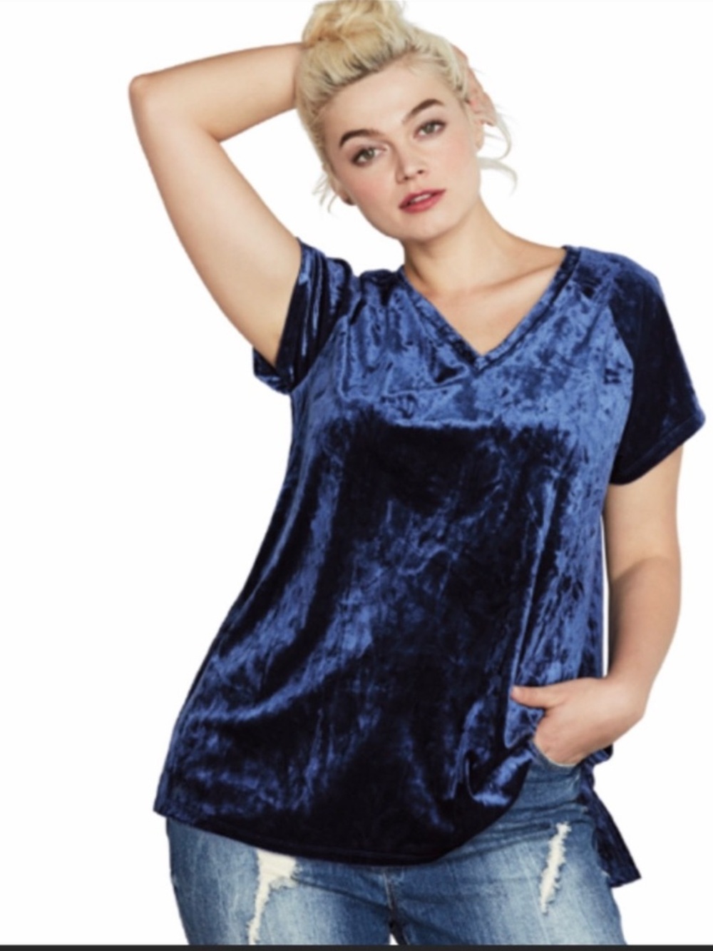 NWOT Ellos Women's Crushed Velvet Short Sleeve  Top in Deep Blue